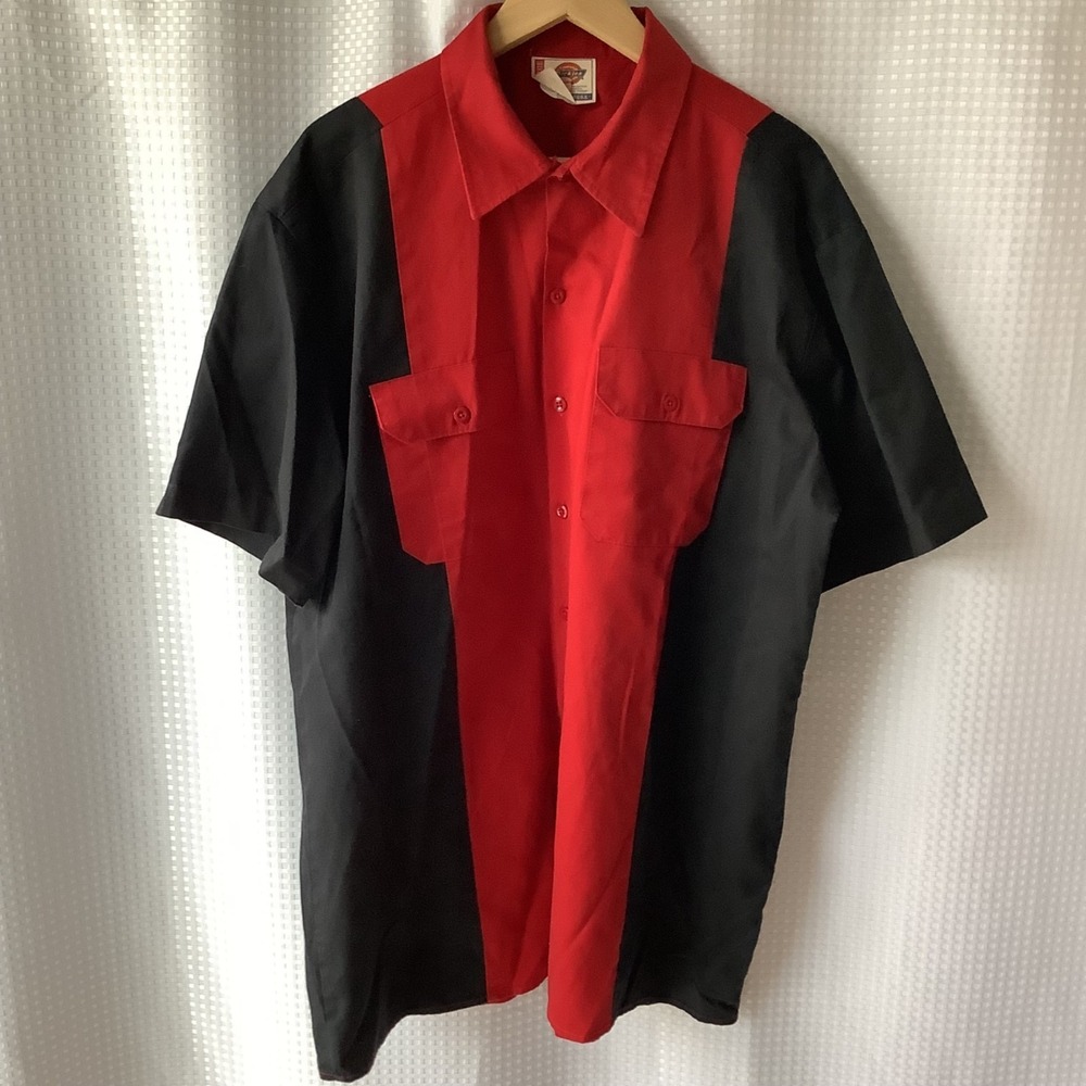 Dickies Colorblock Work Shirt Red Black Short Sleeve Button Up X-Large Bowling